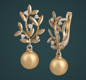 Золотые серьги с жемчугом AKOYA бриллианты с-210627жз: золотистый морской жемчуг, золото 585°
