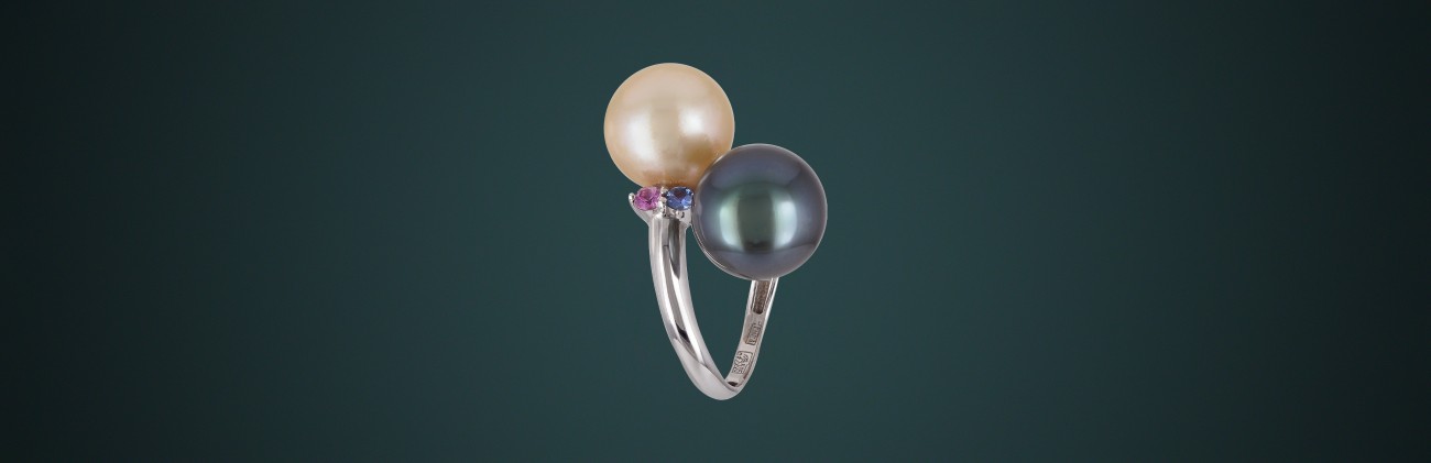 Оригинальное кольцо из коллекции MAYSAKU: жемчуг Таити, зелено-голубого цвета, жемчуг Южных морей теплого оттенка, золото 585˚, сапфиры (0.250 Ct), государственное пробирное клеймо. 8262 #2